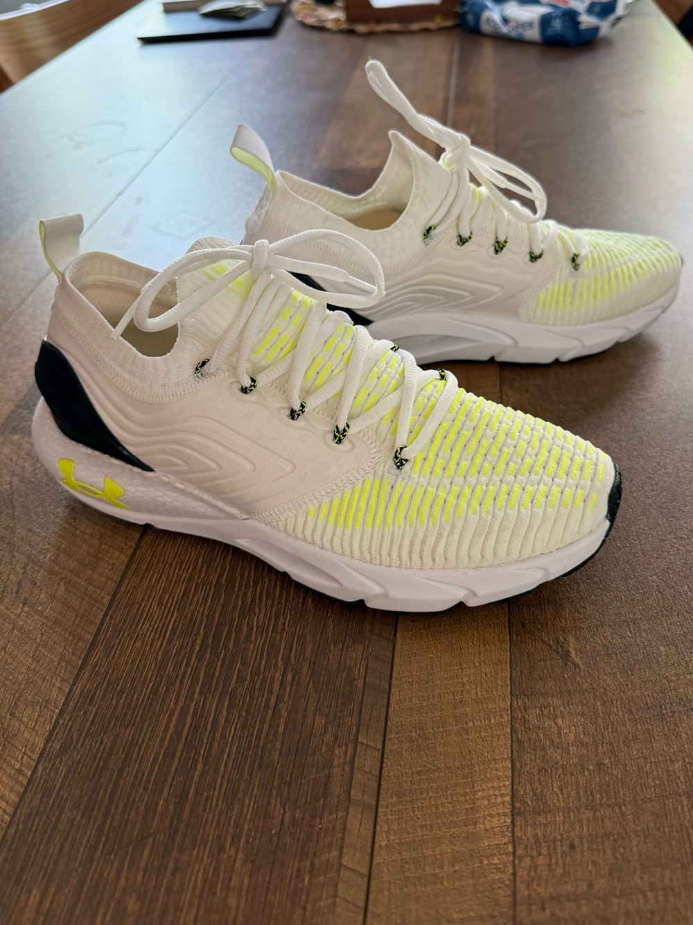 Under Armour White and Neon Yellow Athletic Shoes